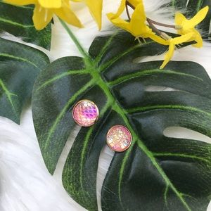Pink iridescent Mermaid Tail Button Earrings